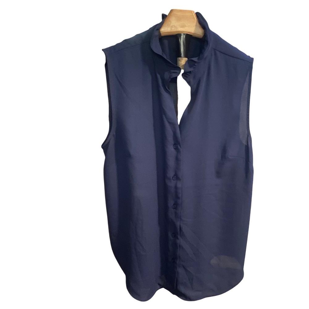 Ann Taylor Navy Blue‎ Sleeveless Button Down Ruffle Mock Neck Blouse Top Medium